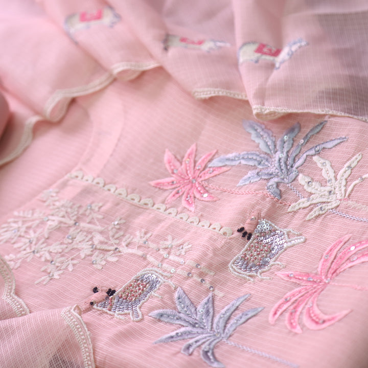 Sundri Pastel Peach Pichwai Thread Embroidery with Moti Work Kota Doriya Set