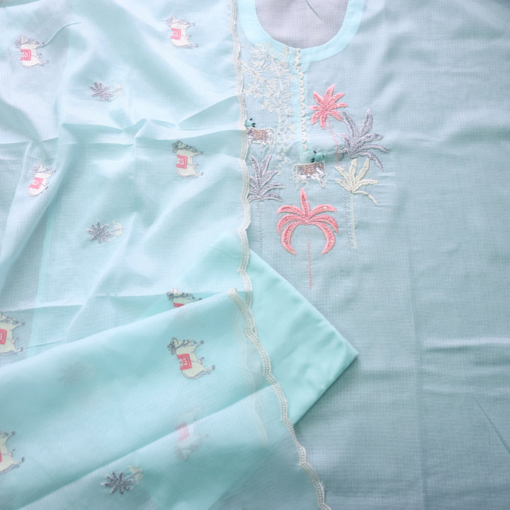 Sundri Sea Blue Pichwai Thread Embroidery with Moti Work Kota Doriya Set