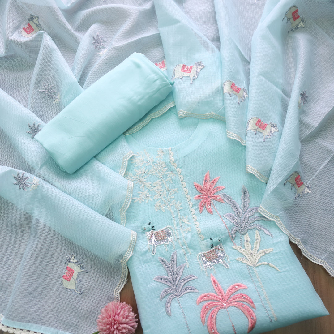 Sundri Sea Blue Pichwai Thread Embroidery with Moti Work Kota Doriya Set