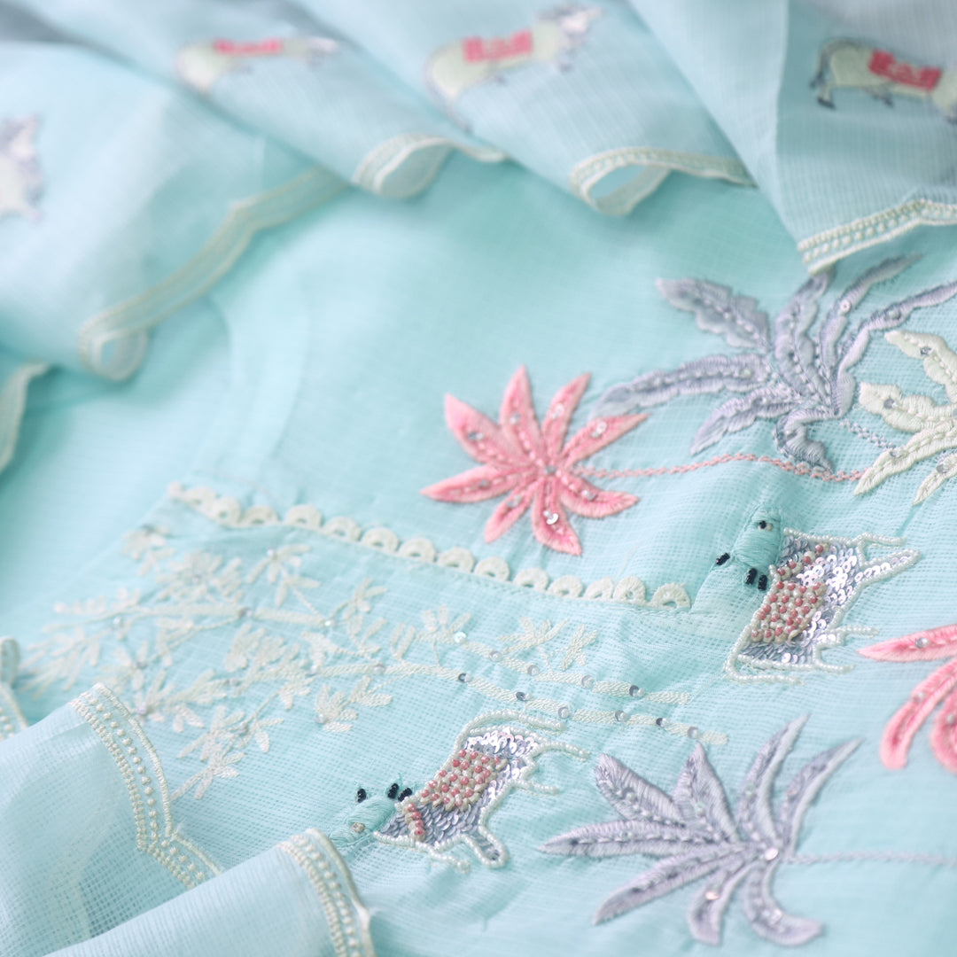 Sundri Sea Blue Pichwai Thread Embroidery with Moti Work Kota Doriya Set