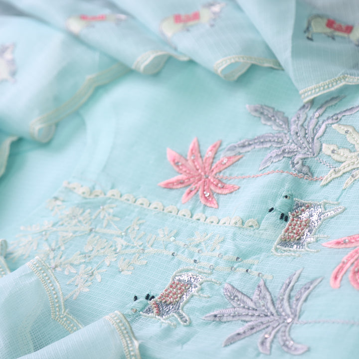 Sundri Sea Blue Pichwai Thread Embroidery with Moti Work Kota Doriya Set