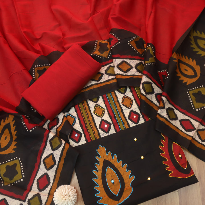Gulshan Black Batik Print with Thread and Patra Cotton Top with Red Bottom