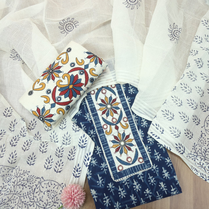 Sargoshi Indigo Blue Patch Work Dabu Printed Kutch Cotton Suit Set D1