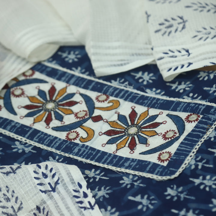 Sargoshi Indigo Blue Patch Work Dabu Printed Kutch Cotton Suit Set D1