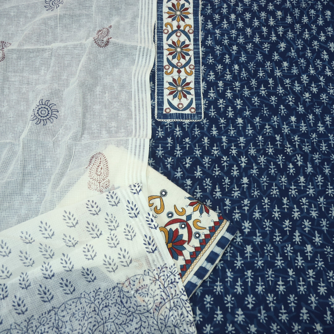 Sargoshi Indigo Blue Patch Work Dabu Printed Kutch Cotton Suit Set D1