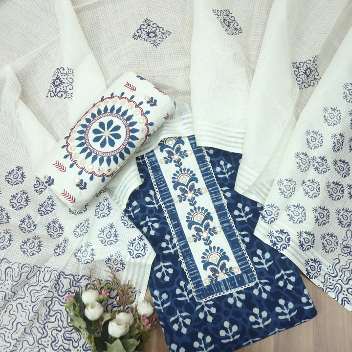 Sargoshi Indigo Blue Patch Work Dabu Printed Kutch Cotton Suit Set D4