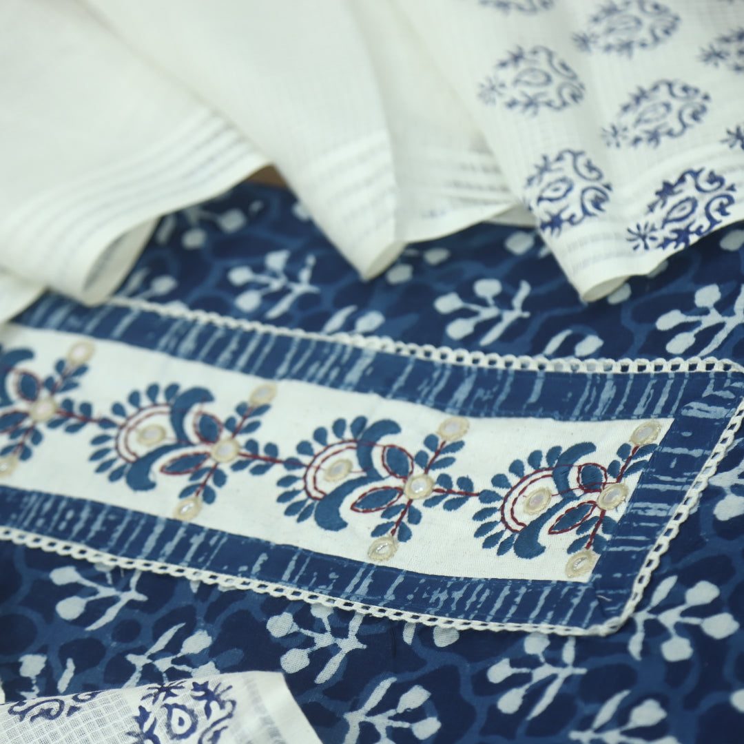 Sargoshi Indigo Blue Patch Work Dabu Printed Kutch Cotton Suit Set D4