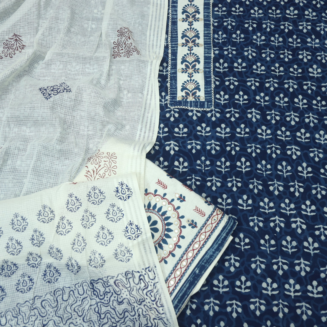 Sargoshi Indigo Blue Patch Work Dabu Printed Kutch Cotton Suit Set D4