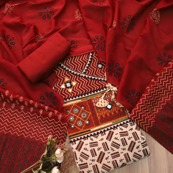 Kaya Beige with Red Angrakha Neck Patch Ajrak Printed Cotton Suit Set D2