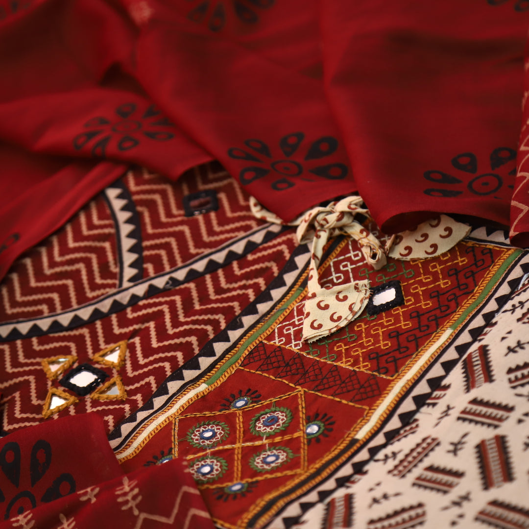 Kaya Beige with Red Angrakha Neck Patch Ajrak Printed Cotton Suit Set D2