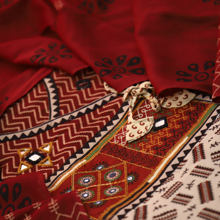 Kaya Beige with Red Angrakha Neck Patch Ajrak Printed Cotton Suit Set D2