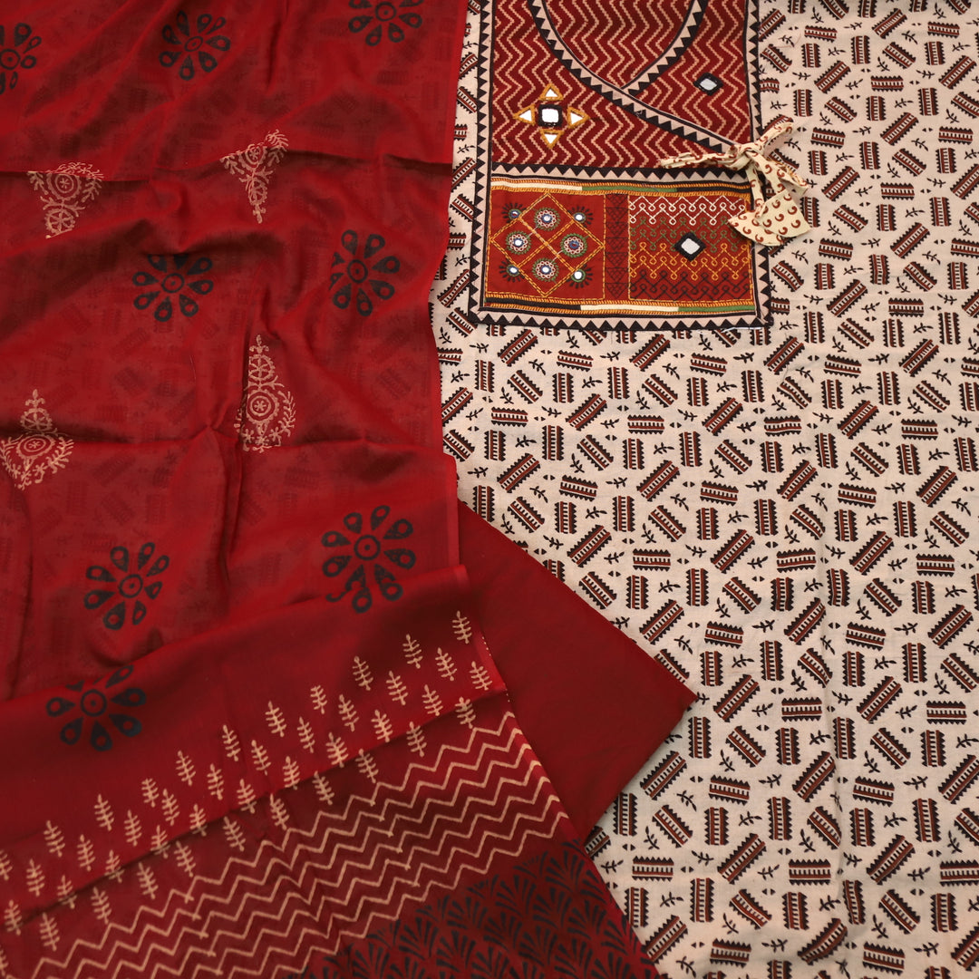 Kaya Beige with Red Angrakha Neck Patch Ajrak Printed Cotton Suit Set D2