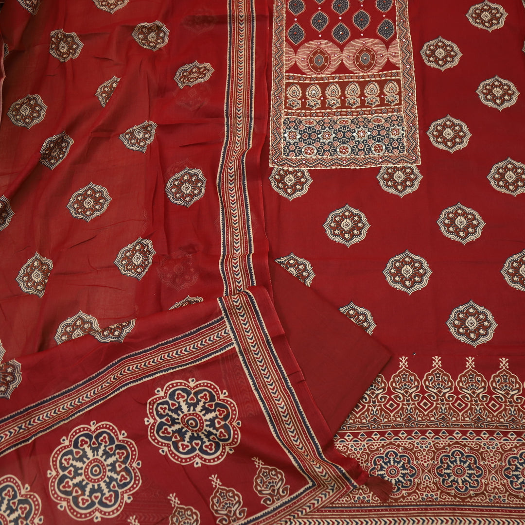 Chahak Cherry Red French Knot With Mirror Patch Ajrak Printed Cotton Suit Set