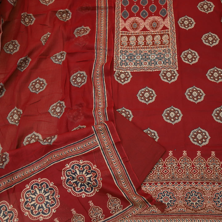 Chahak Cherry Red French Knot With Mirror Patch Ajrak Printed Cotton Suit Set