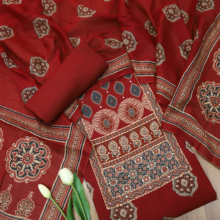 Chahak Cherry Red French Knot With Mirror Patch Ajrak Printed Cotton Suit Set