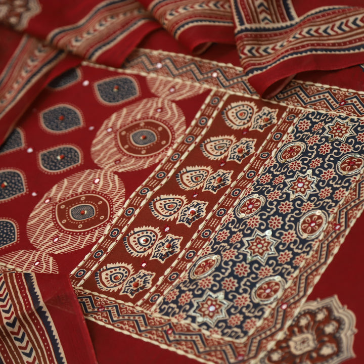 Chahak Cherry Red French Knot With Mirror Patch Ajrak Printed Cotton Suit Set