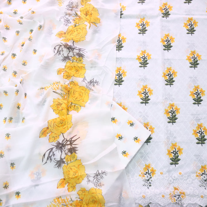 Phooleri White with Yellow Floral Print Thread Embroidered Hem Cotton Suit Set