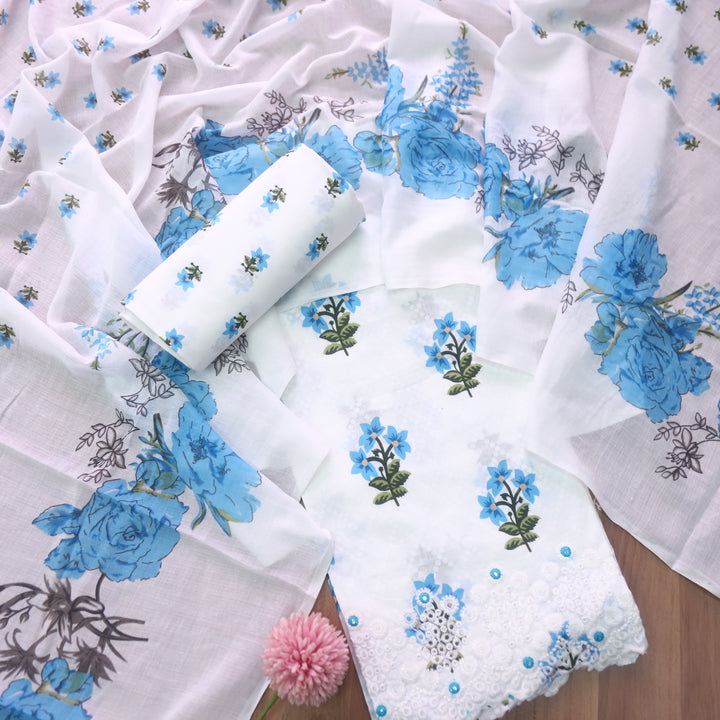 Phooleri White with Blue Floral Print Thread Embroidered Hem Cotton Suit Set