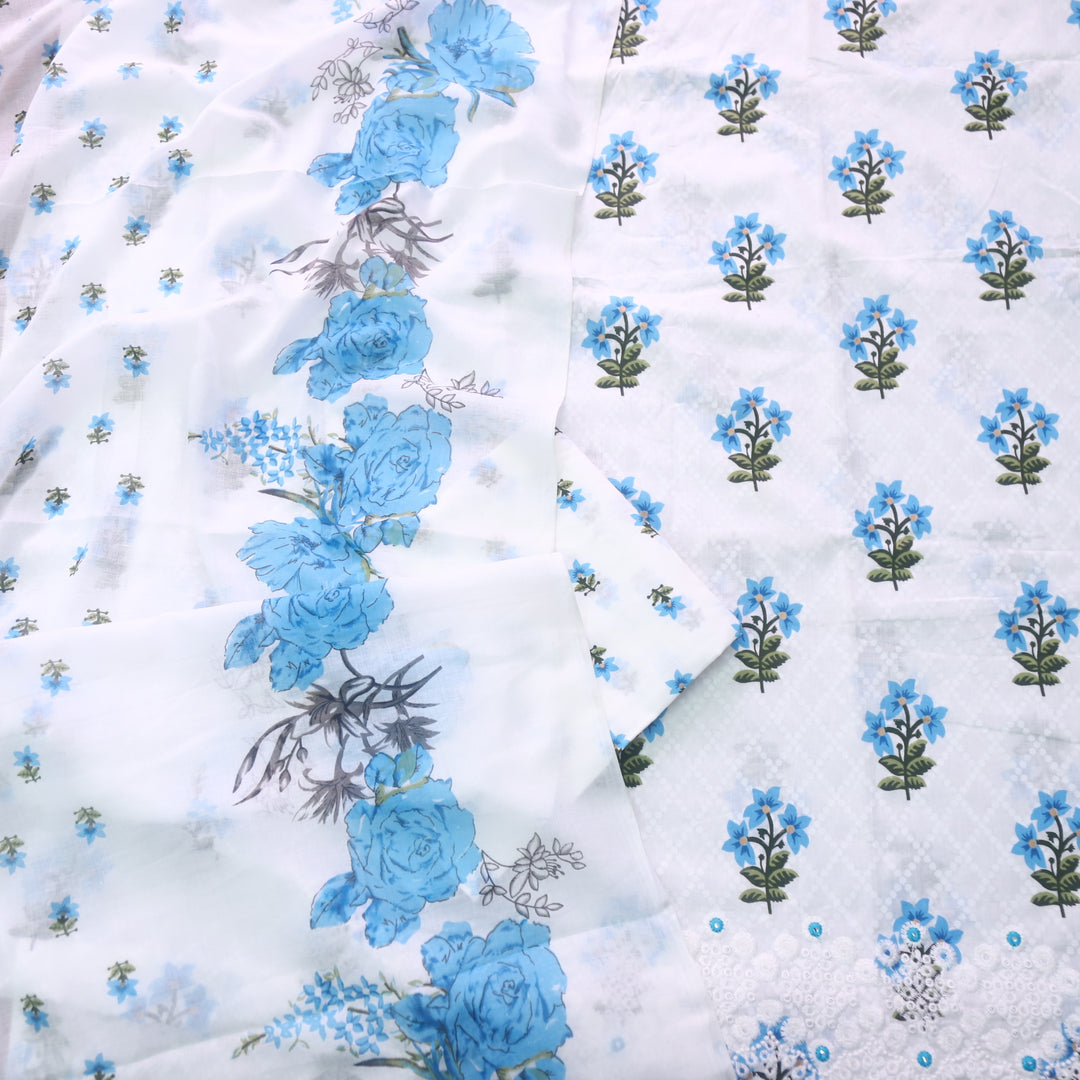 Phooleri White with Blue Floral Print Thread Embroidered Hem Cotton Suit Set