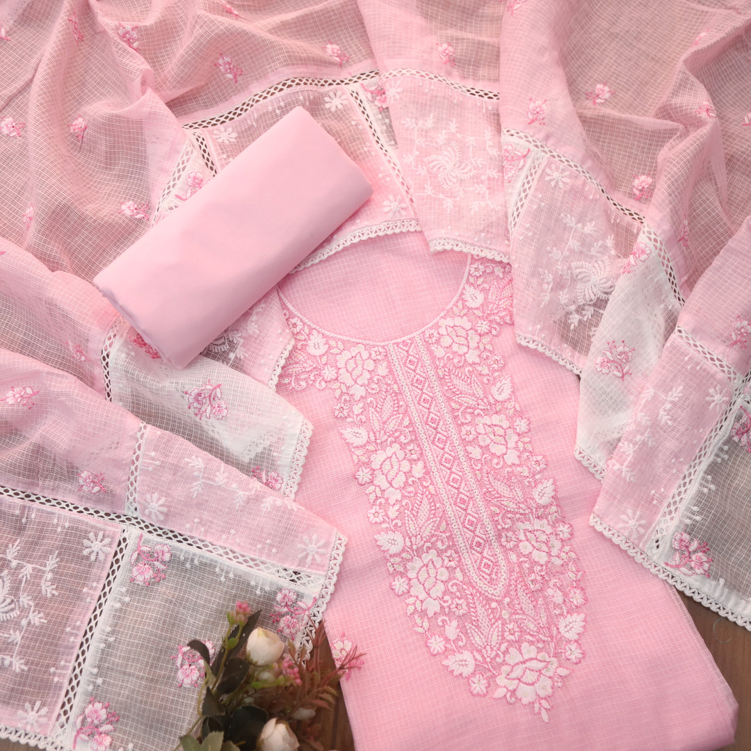 Maya Cotton Candy Pink Thread Embroidered Neck Work Kota Doriya Suit Set