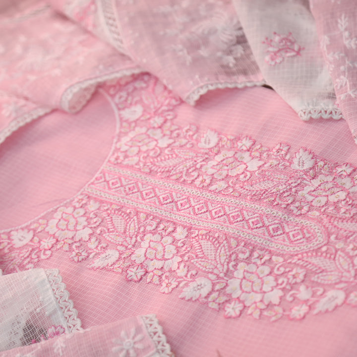 Maya Cotton Candy Pink Thread Embroidered Neck Work Kota Doriya Suit Set