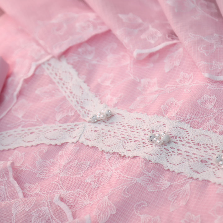 Geet Rosy Pink All Over Thread Embroidery Work Lace Neck Kota Doriya Set