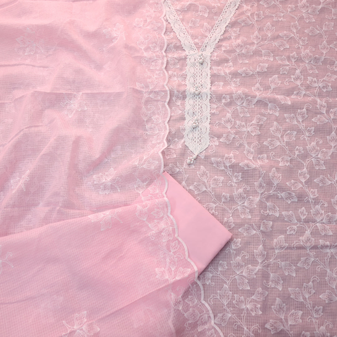 Geet Rosy Pink All Over Thread Embroidery Work Lace Neck Kota Doriya Set