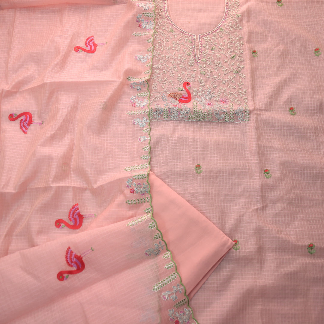 Raabta Salmon Coral Zari Embellished Neck Work Kota Doriya Suit Set