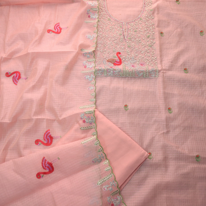 Raabta Salmon Coral Zari Embellished Neck Work Kota Doriya Suit Set
