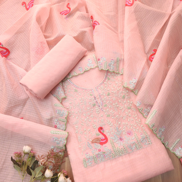 Raabta Salmon Coral Zari Embellished Neck Work Kota Doriya Suit Set