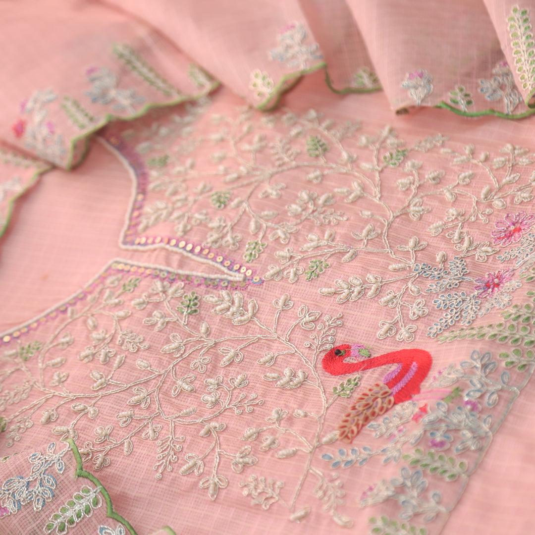 Raabta Salmon Coral Zari Embellished Neck Work Kota Doriya Suit Set
