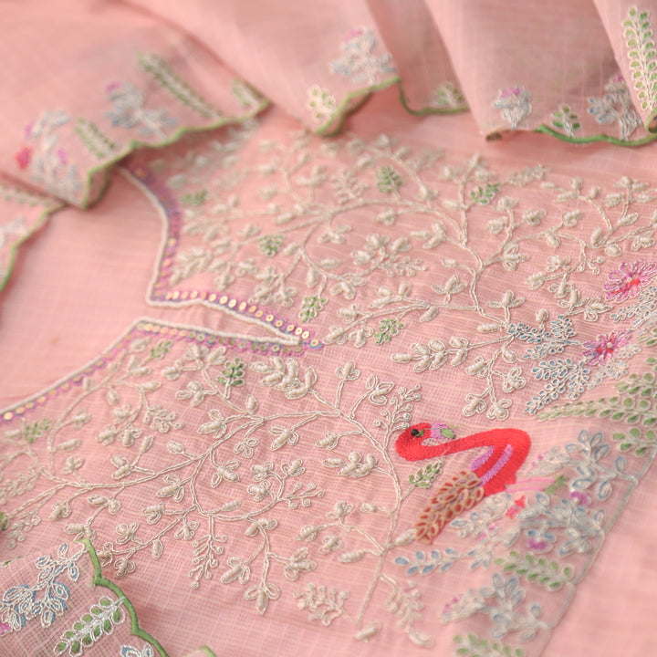 Raabta Salmon Coral Zari Embellished Neck Work Kota Doriya Suit Set