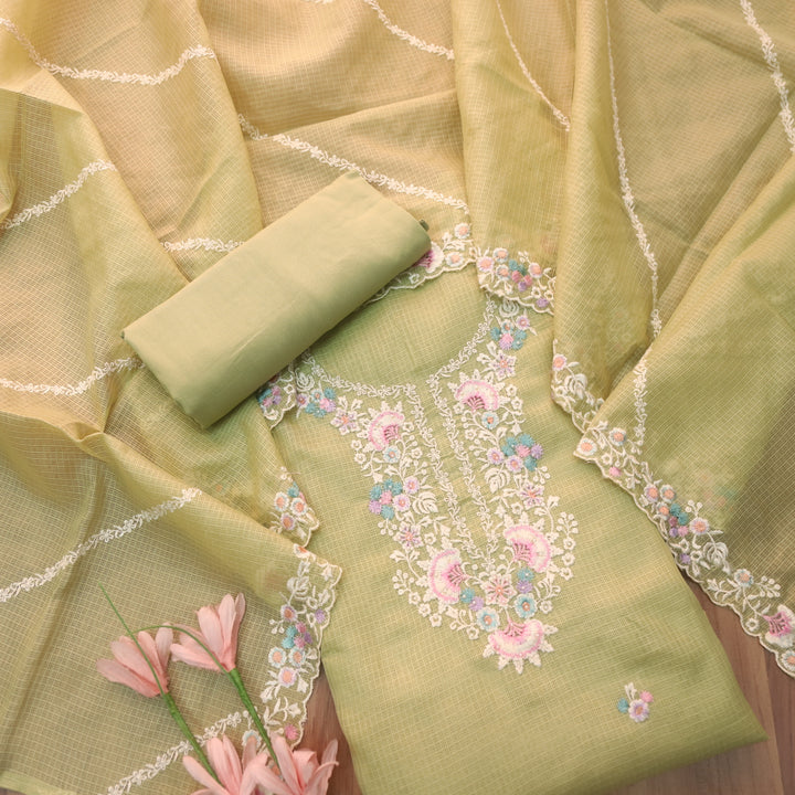Noorani Mint Green Thread Embroidered Neck Work Kota Doriya Suit Set