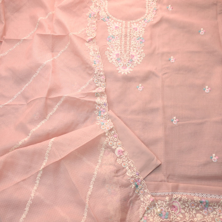 Noorani Powder Peach Thread Embroidered Neck Work Kota Doriya Suit Set