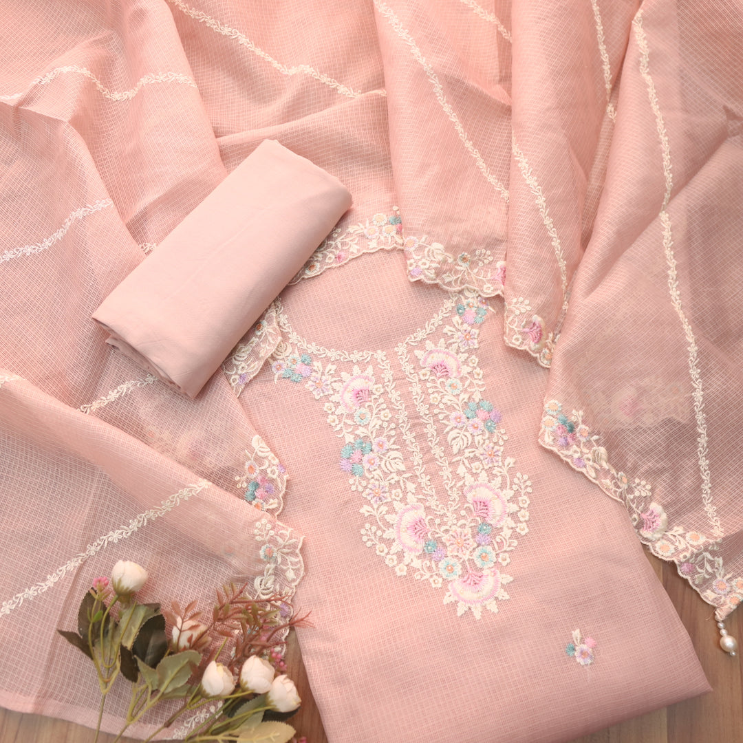 Noorani Powder Peach Thread Embroidered Neck Work Kota Doriya Suit Set