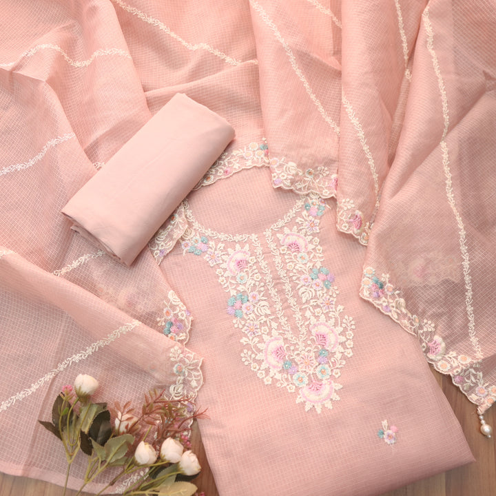 Noorani Powder Peach Thread Embroidered Neck Work Kota Doriya Suit Set