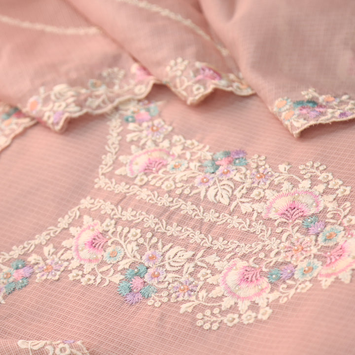 Noorani Powder Peach Thread Embroidered Neck Work Kota Doriya Suit Set