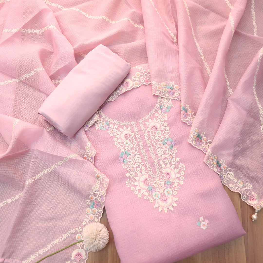 Noorani Lavender Purple Thread Embroidered Neck Work Kota Doriya Suit Set