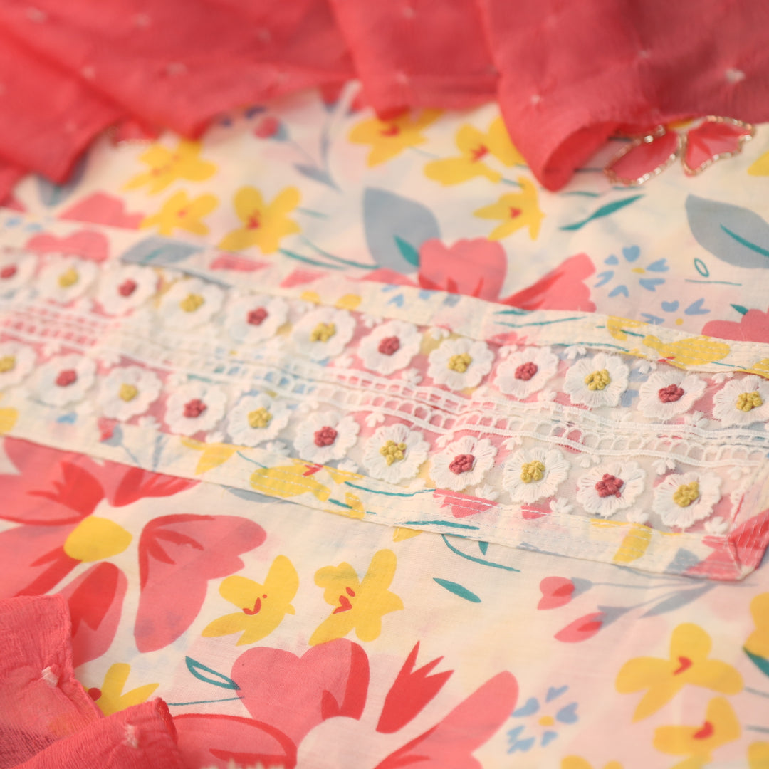 Riwa Cream White Lace Neck in All Over Floral Printed Cotton Suit Set