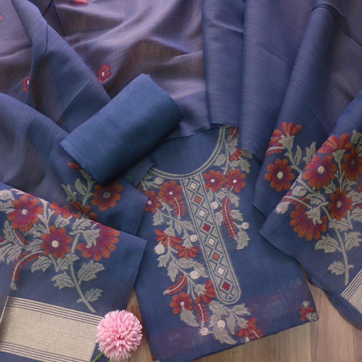 Zeenat Indigo Blue with Authentic Jamdani Weaved on Neck Chanderi Set