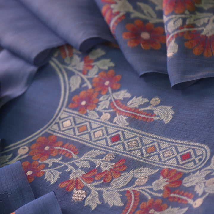 Zeenat Indigo Blue with Authentic Jamdani Weaved on Neck Chanderi Set
