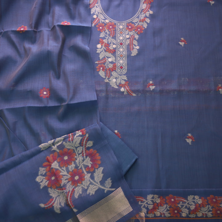 Zeenat Indigo Blue with Authentic Jamdani Weaved on Neck Chanderi Set