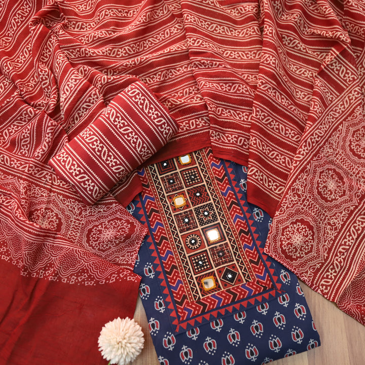 Ruhani Cerulean Blue Mirror Neck Work in Lotus Printed Cotton Suit Set