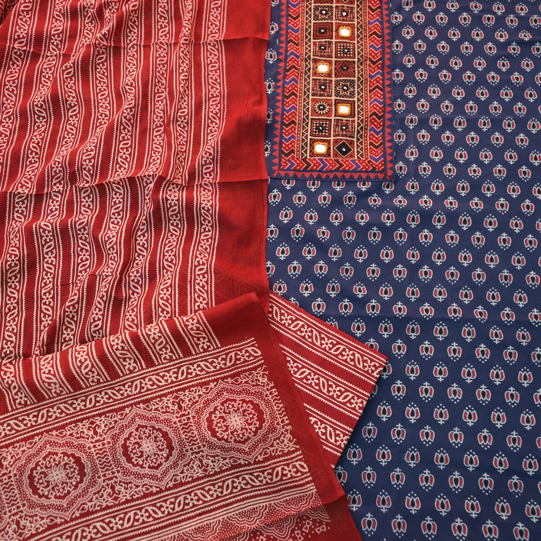 Ruhani Cerulean Blue Mirror Neck Work in Lotus Printed Cotton Suit Set