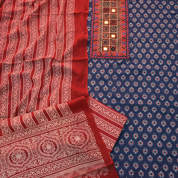 Ruhani Cerulean Blue Mirror Neck Work in Lotus Printed Cotton Suit Set