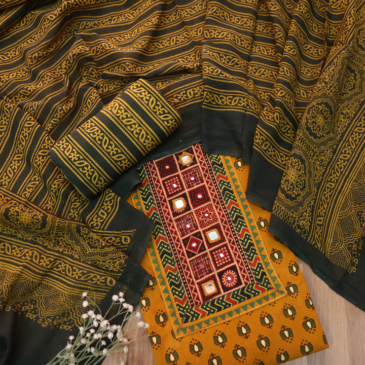 Ruhani Dijon Yellow Mirror Neck Work in Lotus Printed Cotton Suit Set