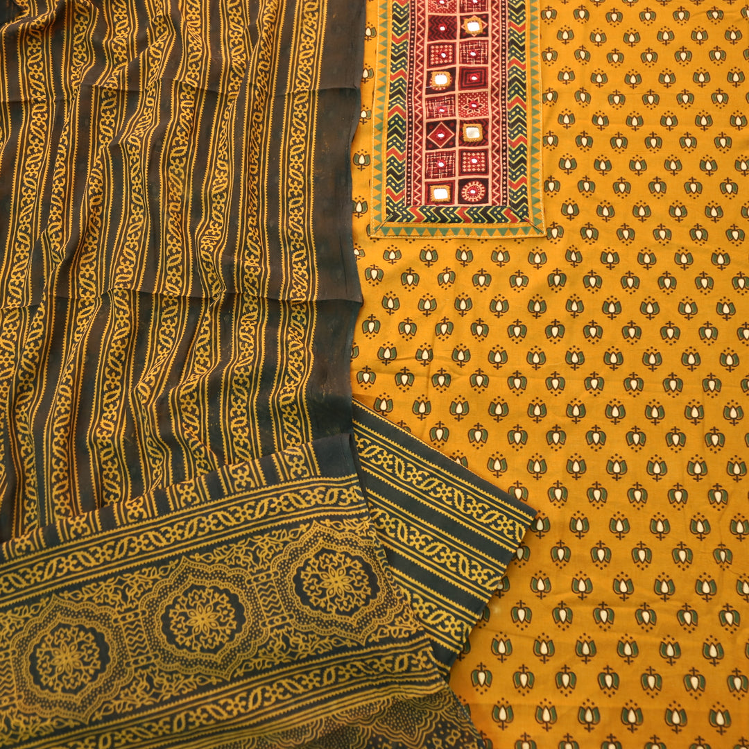 Ruhani Dijon Yellow Mirror Neck Work in Lotus Printed Cotton Suit Set