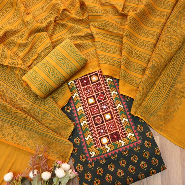 Ruhani Forest Green Mirror Neck Work in Lotus Printed Cotton Suit Set