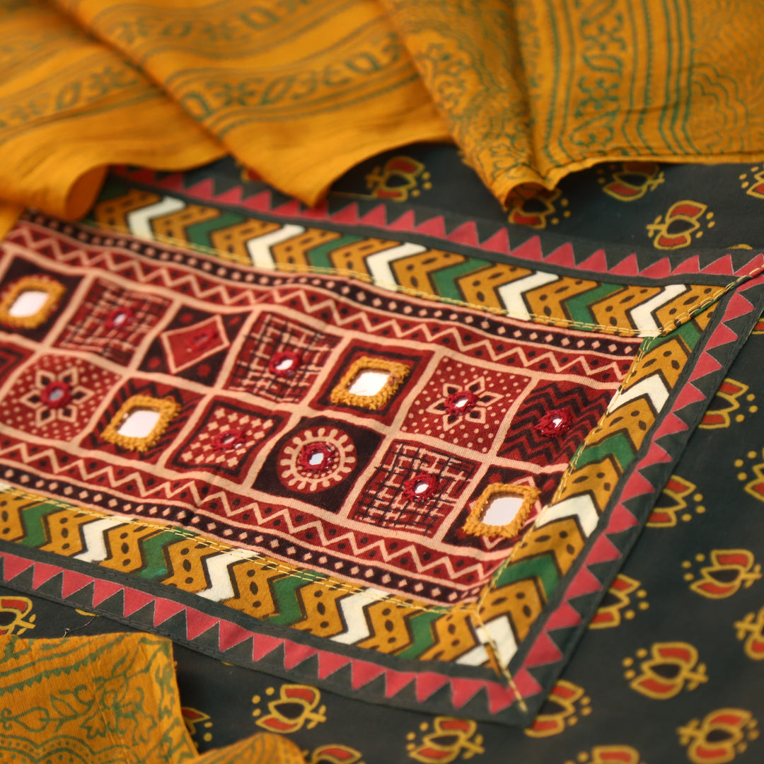Ruhani Forest Green Mirror Neck Work in Lotus Printed Cotton Suit Set