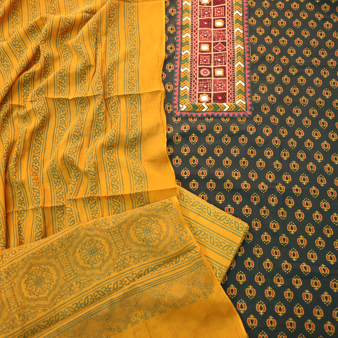 Ruhani Forest Green Mirror Neck Work in Lotus Printed Cotton Suit Set